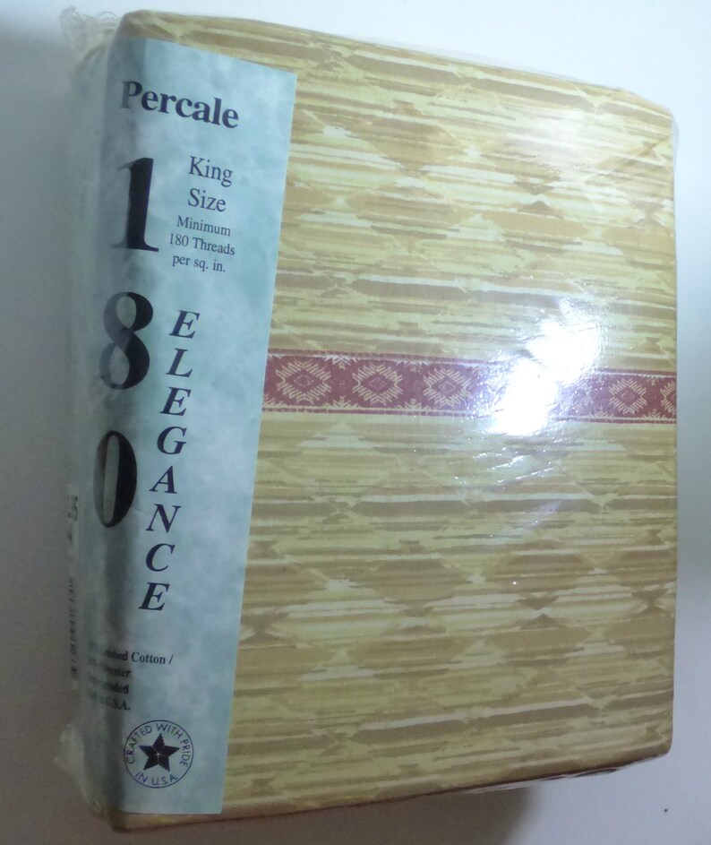 Vintage King Bed Set Pillowcase Flat Sheet Fitted Sheet Brown Beige Red Percale Elegance King Sheets Set No Iron NOS New