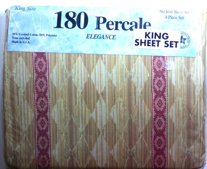 Vintage King Bed Set Pillowcase Flat Sheet Fitted Sheet Brown Beige Red Percale Elegance King Sheets Set No Iron NOS New