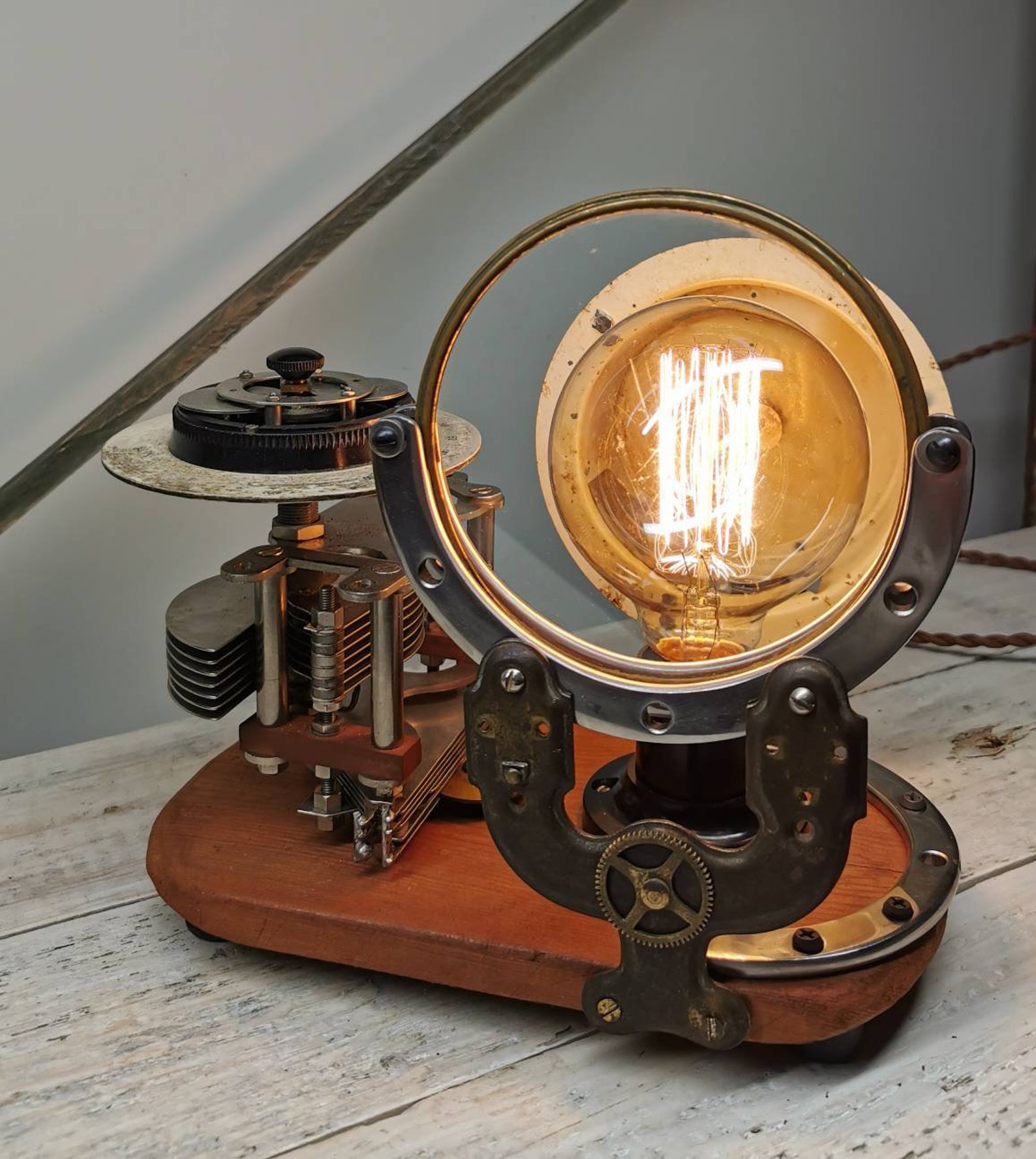 Steampunk wooden base table lamp metal brass clock gears Etsy