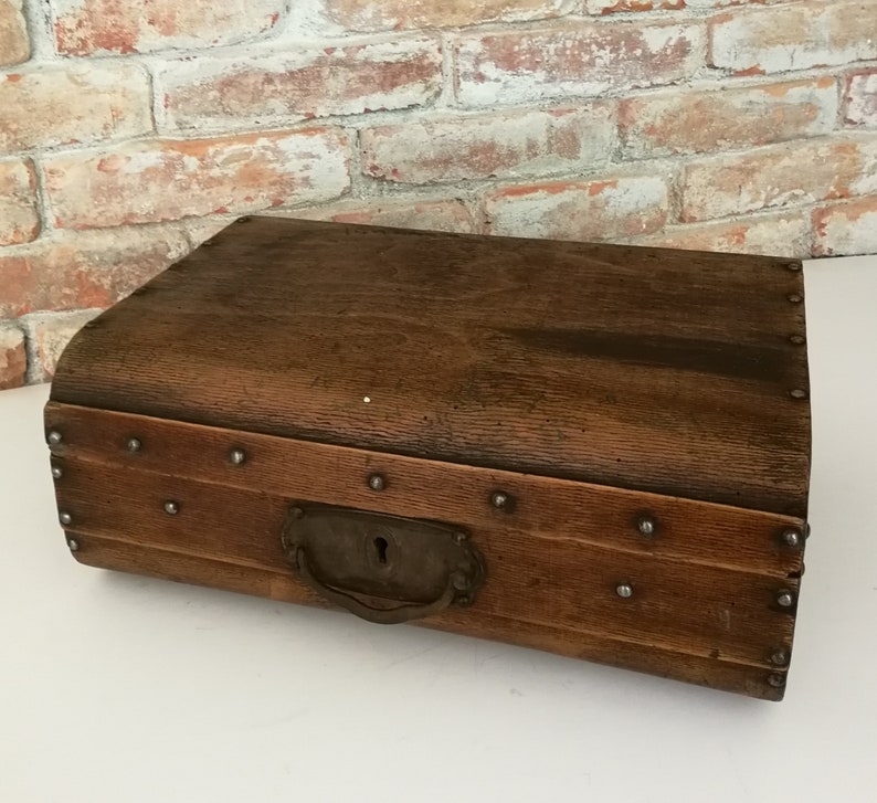 Antique wooden briefcase vintage luggage bag travel case old victoria era steampunk 19th century box decor photography primitive vampir rare
