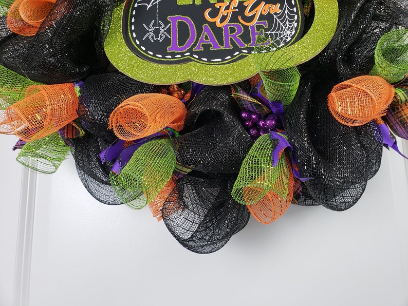 Halloween Wreath for Front Door Black Orange and Green Deco Mesh Wreath Enter If You Dare Sign Home Decor