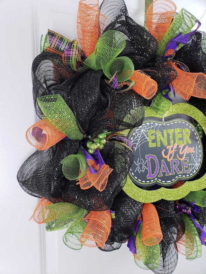 Halloween Wreath for Front Door Black Orange and Green Deco Mesh Wreath Enter If You Dare Sign Home Decor
