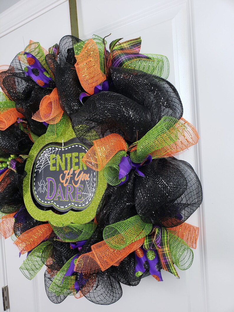Halloween Wreath for Front Door Black Orange and Green Deco Mesh Wreath Enter If You Dare Sign Home Decor