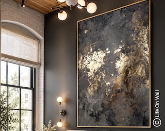 Large Textured Abstract Art, Gray Black Gold, Hand Painted Canvas Painting
