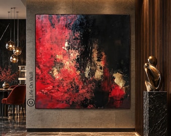 Original Abstract Painting Red Black Gold, Hand Painted Canvas Wall Art, Living Room Decor