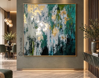 Original Emerald Green Abstract Painting, Gold Leaf Textured Canvas, Contemporary Luxury Wall Art