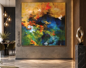 Canvas Art Abstract Paintings, Blue Green Gold Textured Canvas, Luxury Interior Artwork