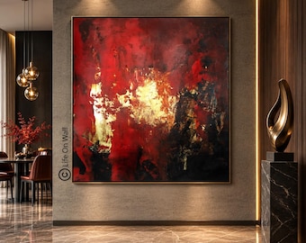 Large Modern Abstract Wall Painting, Red Black Gold Canvas Art, Modern Curated Interior Decor