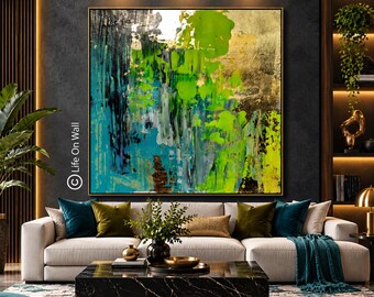 Original Green Gold Abstract Painting, Hand Painted Textured Wall Art, Designer Home Decor