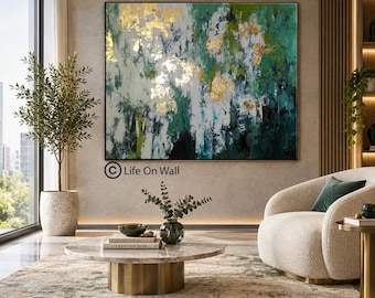 Large Abstract Painting, Emerald Green Gold Leaf Textured Canvas Art, Living Room Decor