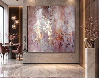 Original Abstract Painting, Gold Textured Wall Art, Hand Painted Blush Pink Canvas, Luxury Decor