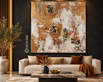 Modern Luxe Wall Art, White Gold Foil Hand Painted Canvas, Dining Room Contemporary Decor