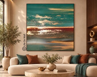 Modern Abstract Painting, Teal Brown Gold Canvas Art, Minimalist Interior Artwork, Luxury Wall Decor