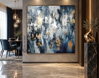 Organic Luxe Abstract Wall Art, Blue Gold Silver Leaf Canvas Painting, Gallery Style Artwork