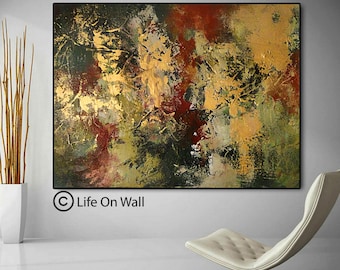 Gold Green Brown Abstract Painting | Hand-Painted Large Canvas Art | Textured Modern Wall Decor
