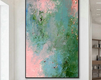 Cuadro abstracto en lienzo azul, verde y rosa: Decoración de pared moderna de gran tamaño para oficina.