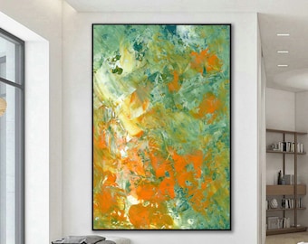 Extra large Abstract Art, Abstract artwork on canvas yellow ochre green white, Abstract canvas art, Art for home / office interior