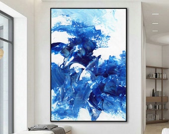 Abstract Art on canvas blue white, Large Abstract Artwork blue white, Abstract artwork, Home decor wall Art, wall art for office interiors