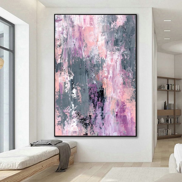 Ready to hang wall art for home decor office decor, Large framed Abstract canvas art gray purple pink white, fast shipping, framed artworks