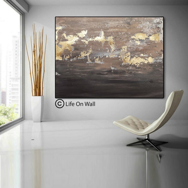 Palette knife art brown gold gray, Original textured abstract painting, handmade abstract painting large, Gold / Black framed abstract art