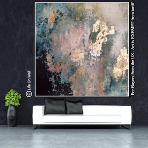 Original Abstract Wall Art | Hand-Painted Blue Gray Peach Gold Foil Art | Textured Wall Art on Canvas | Palette Knife Painting | LifeOnWall