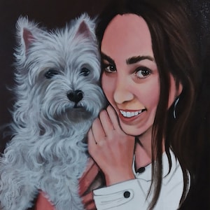 Pet and Owner Portrait, Pet portrait with owner, Hand painted custom dog portrait, pet and family portrait, Ready to hang canvas artwork