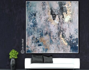 Original Abstract Painting | Hand-Painted Acrylic Artwork | Blue Gray Pink Gold Foil | Textured Wall Art | Palette Knife Canvas | LifeOnWall