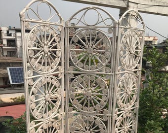 Luxury Room Divider | Hand Painted White Cane Privacy Screen | Designer Bed Headboard