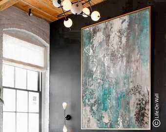 Silver Foil Abstract Art | Teal Gray Brown Hand Painted Abstract Painting | Original Silver Leaf Canvas Artwork | Modern Textured Wall Art