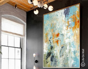 Hand-Painted Abstract Art Blue Yellow White Beige Green | Large Modern Canvas Painting | Living Room & Bedroom Wall Art | Textured Decor