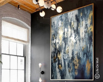 Gold silver foil abstract art, Hand Painted Abstract Painting blue gold foil silver foil, gold and silver leaf abstract painting original