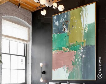 Textured Abstract Painting: Green, Pink, Olive, Gray, Gold Framed Canvas Art