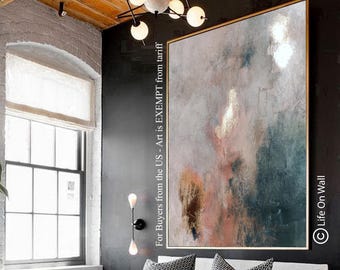 Original Abstract Art Painting | Blue Gray Pink Gold Leaf Canvas Art | Large Textured Artwork | Contemporary Hand-Painted Wall Decor