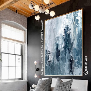 Original Textured Abstract Art Blue White Gray | Hand-Painted Canvas Painting | Palette Knife Abstract Art | Black / Gold Framed Artwork