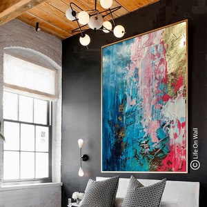 Gold Blue Pink Abstract Painting: Hand-Painted Textured Canvas Art