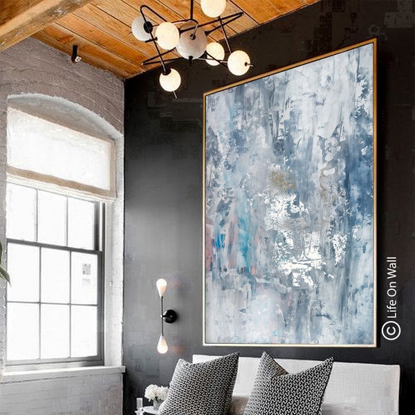 Silver leaf abstract artwork, Blue white gray silver foil original abstract art, hand painted abstract painting, living room abstract art