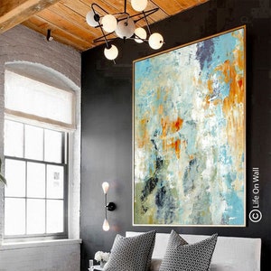 Hand Painted original abstract art blue yellow white beige green, abstract painting, living room abstract art, bedroom abstract painting