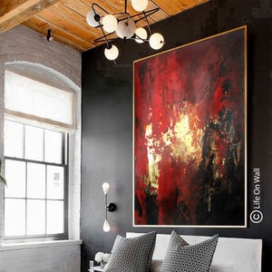 Original Abstract Painting - Red Black Gold Leaf | Hand-Painted Textured Abstract Wall Art | Palette Knife Canvas | Gold Framed Artwork