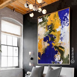 Original Textured Abstract Painting Yellow Blue Green White | Large Framed Canvas Art | Gold Framed Wall Art for Home & Office Decor