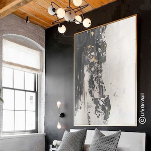 Hand-Painted Abstract Canvas Art: White, Gray & Gold Foil - Framed