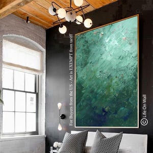 Mint Green Emerald Blue Abstract Painting | Large Hand-Painted Palette Knife Art | Modern Textured Wall Decor | Framed Contemporary Art