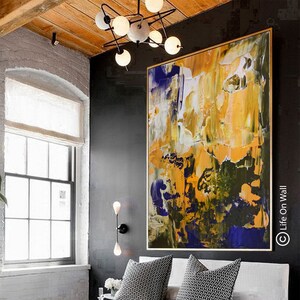 Original Textured Abstract Art Yellow Blue Green | Large Hand-Painted Canvas Art | Gold Framed Abstract Wall Art | Modern Home Decor