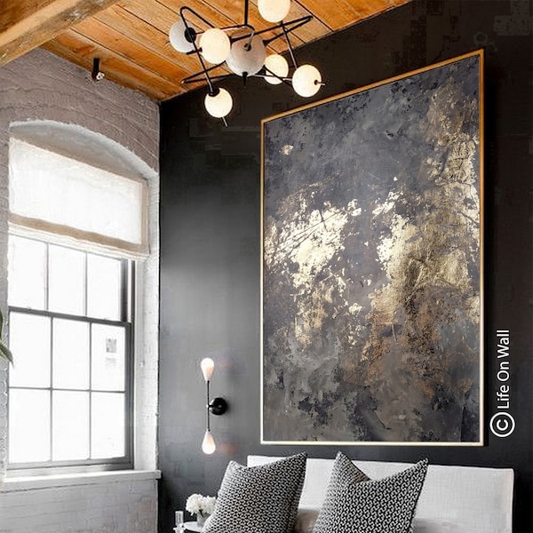 Gold leaf original textured abstract art, Abstract painting gray black gold leaf, palette knife abstract with black / gold floating frame