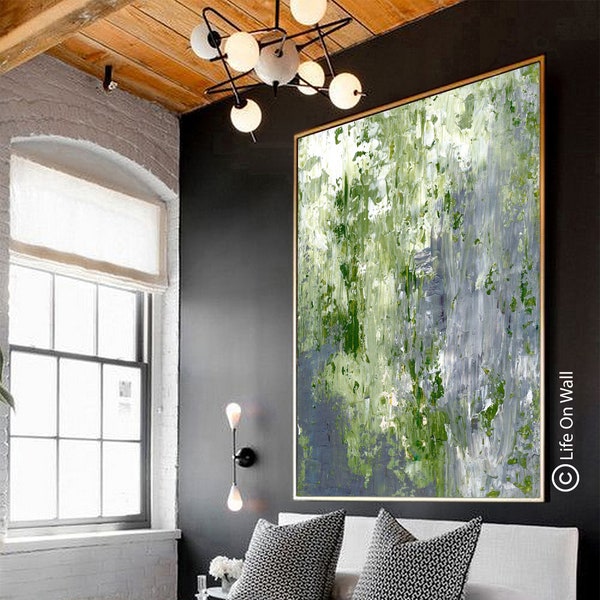Hand Painted Textured Original Abstract Art green gray white, palette knife abstract painting, Abstract Art with black / gold floating frame