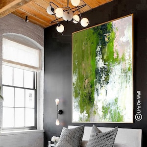 Textured Abstract Canvas Painting: Green, White, Peach Modern Wall Art