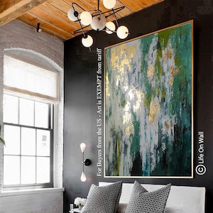 Hand-Painted Abstract Art Painting | Emerald Green White Gold Leaf Artwork | Large Modern Acrylic Canvas | Luxury Art Decor | LifeOnWall