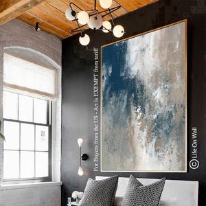 Pintura abstrata azul-bege de grandes dimensões: arte em tela texturizada