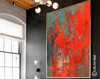 Red Teal Abstract Canvas Wall Art | Modern Art for Living Room Decor