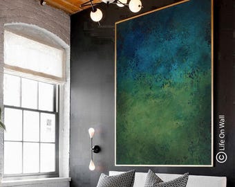 Green Blue Textured Abstract Canvas Painting – Large Hand Painted Palette Knife Modern Art