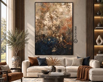 Original Abstract Painting, Beige Blue Textured Canvas Art, Designer Wall Decor